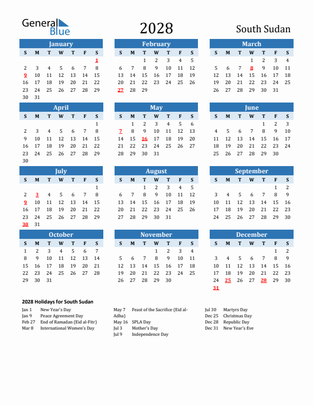 Printable Calendar 2028 with South Sudan Holidays (Sunday Start)