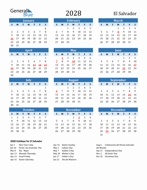 Printable Calendar 2028 with El Salvador Holidays (Sunday Start)