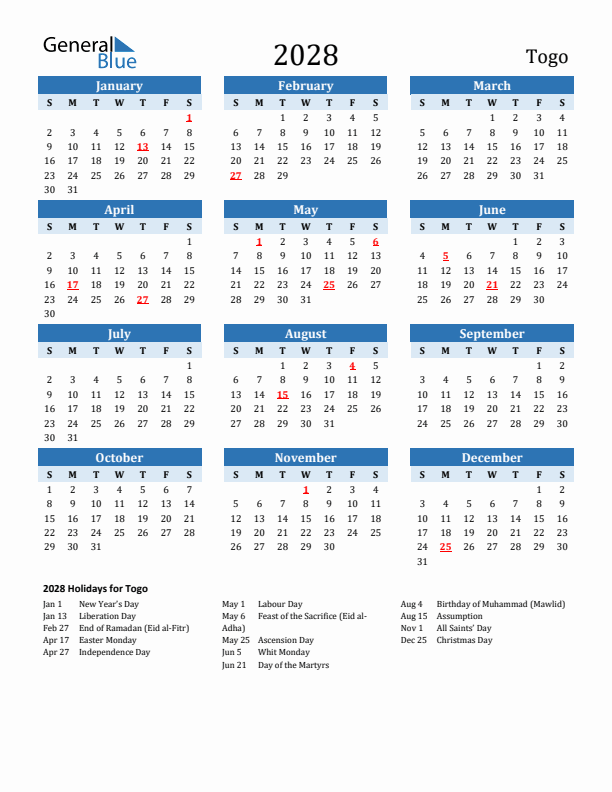 Printable Calendar 2028 with Togo Holidays (Sunday Start)