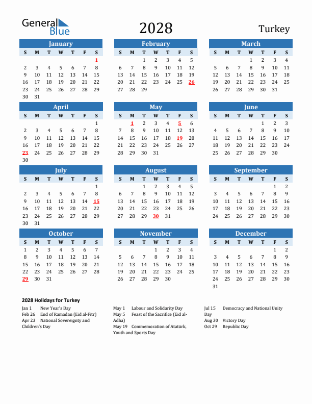 Printable Calendar 2028 with Turkey Holidays (Sunday Start)