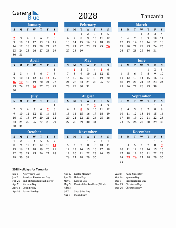 Printable Calendar 2028 with Tanzania Holidays (Sunday Start)