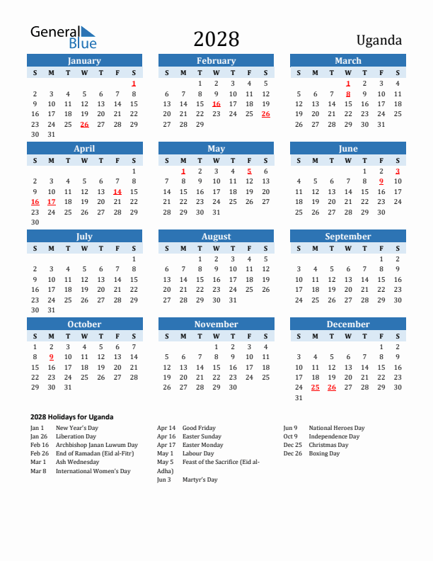 Printable Calendar 2028 with Uganda Holidays (Sunday Start)