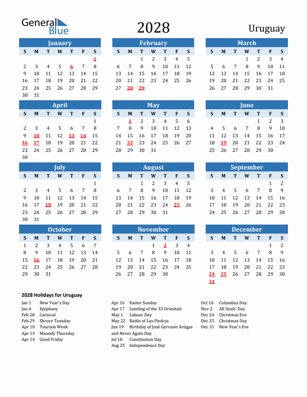 Printable Calendar 2028 with Uruguay Holidays (Sunday Start)