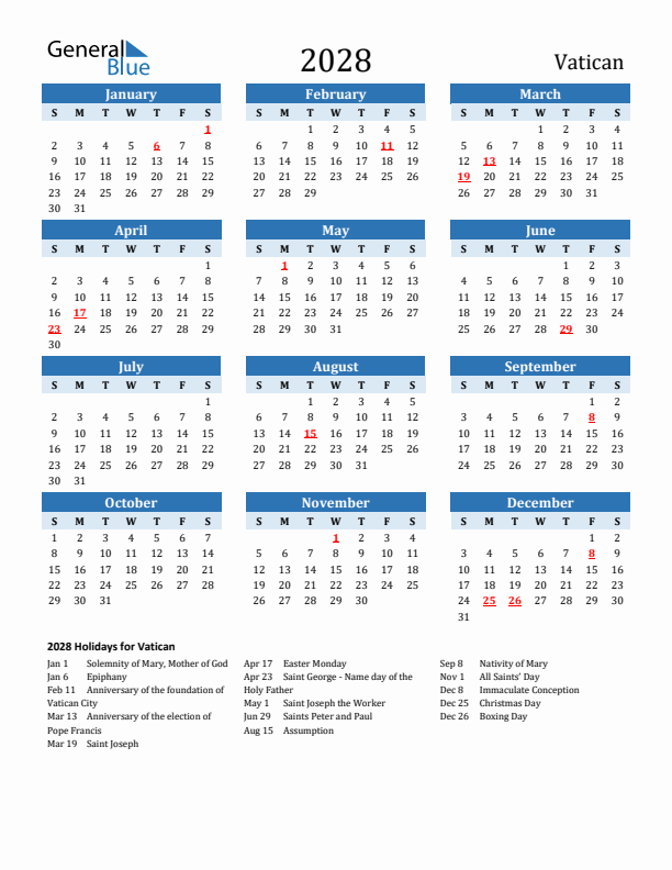 Printable Calendar 2028 with Vatican Holidays (Sunday Start)