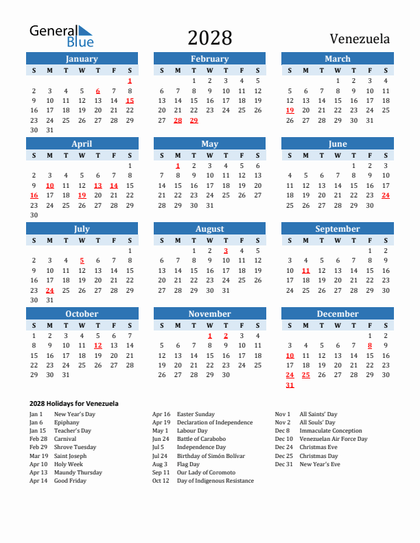 Printable Calendar 2028 with Venezuela Holidays (Sunday Start)