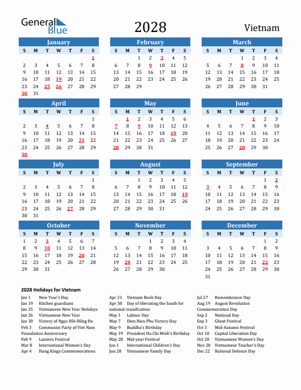 Printable Calendar 2028 with Vietnam Holidays (Sunday Start)