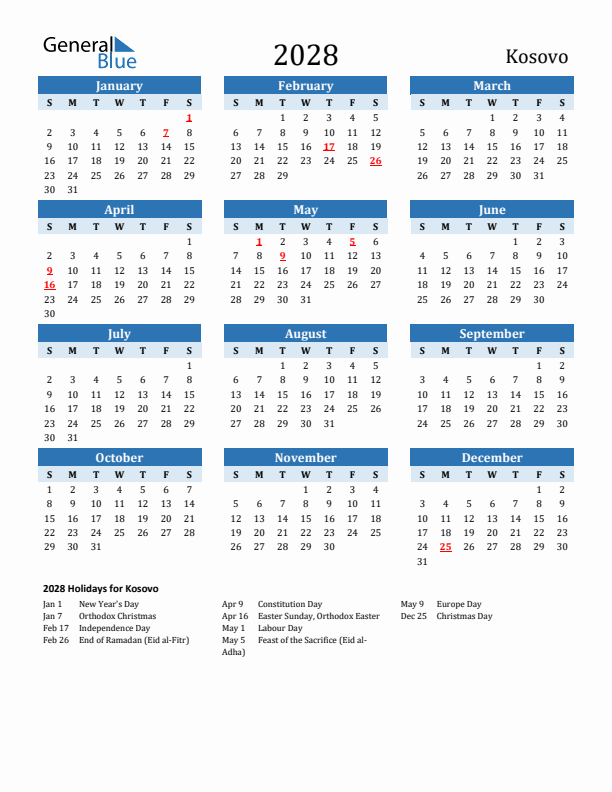Printable Calendar 2028 with Kosovo Holidays (Sunday Start)