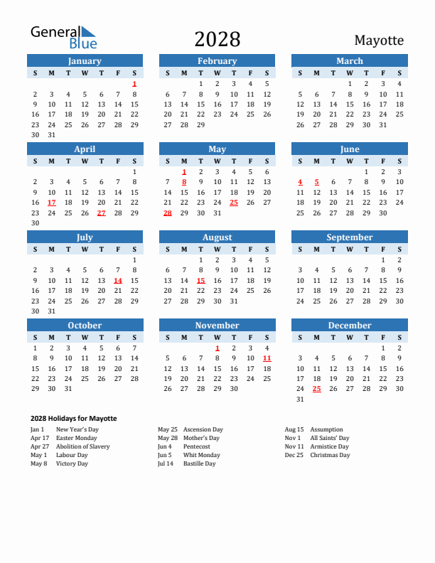 Printable Calendar 2028 with Mayotte Holidays (Sunday Start)