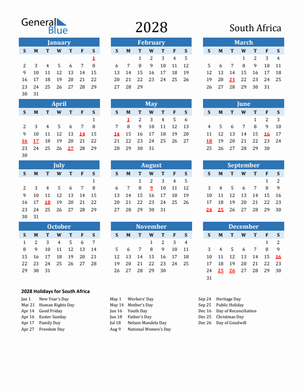 Printable Calendar 2028 with South Africa Holidays (Sunday Start)