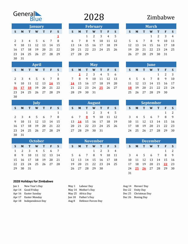 Printable Calendar 2028 with Zimbabwe Holidays (Sunday Start)