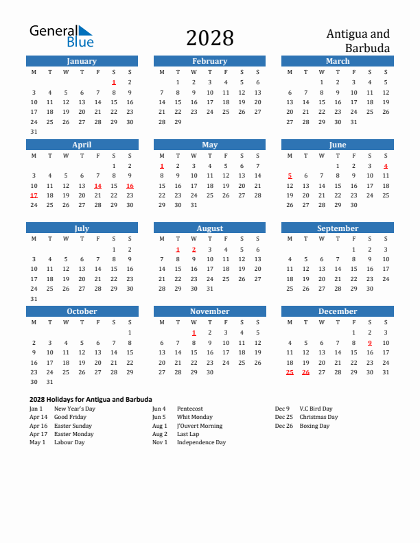 Antigua and Barbuda 2028 Calendar with Holidays