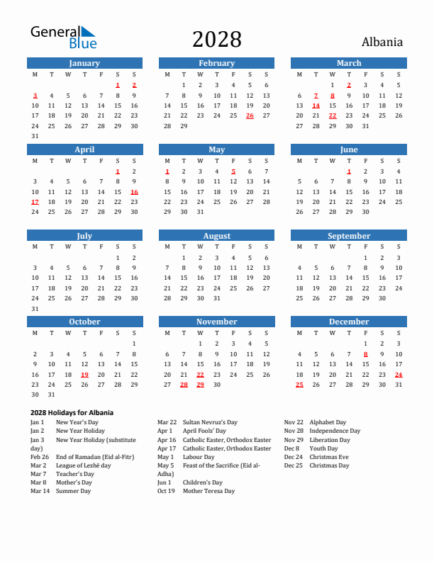 Albania 2028 Calendar with Holidays