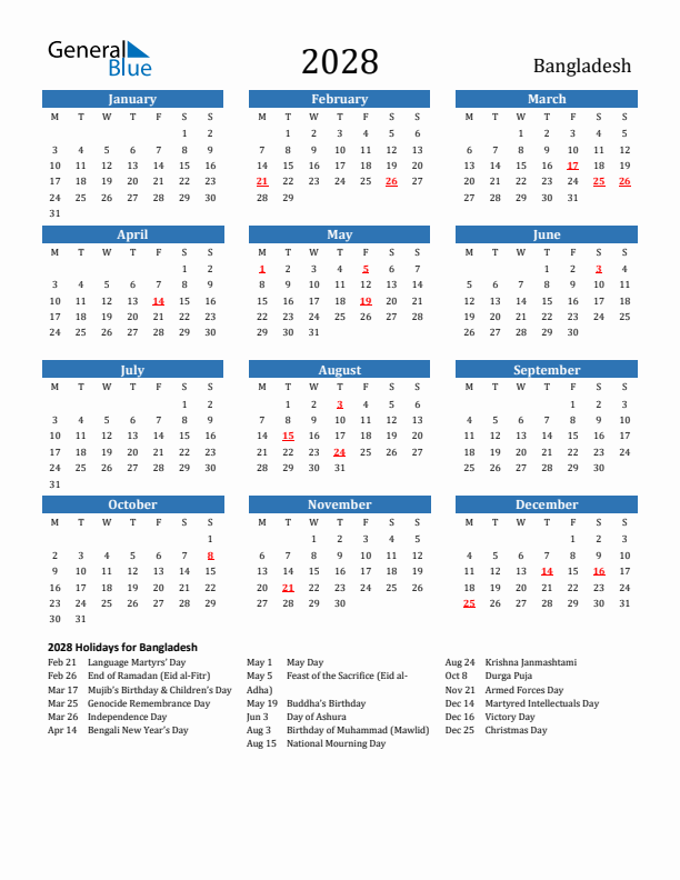 Bangladesh 2028 Calendar with Holidays