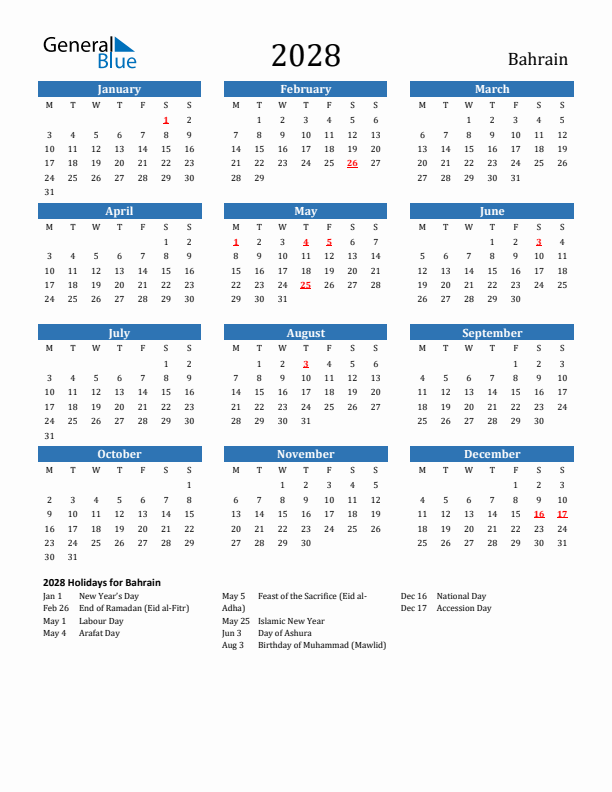 Bahrain 2028 Calendar with Holidays