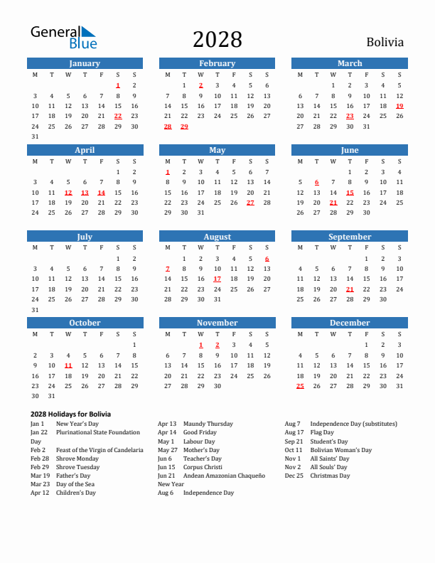 Bolivia 2028 Calendar with Holidays