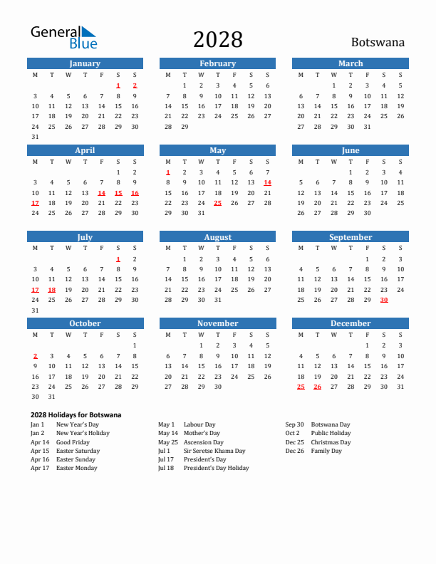 Botswana 2028 Calendar with Holidays
