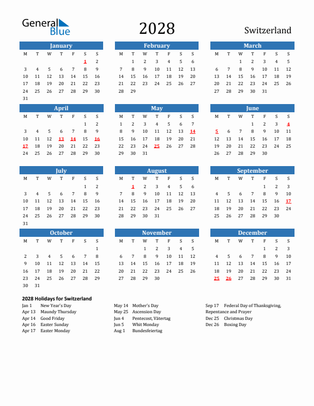 Switzerland 2028 Calendar with Holidays