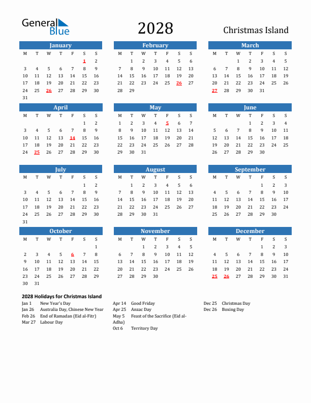 Christmas Island 2028 Calendar with Holidays