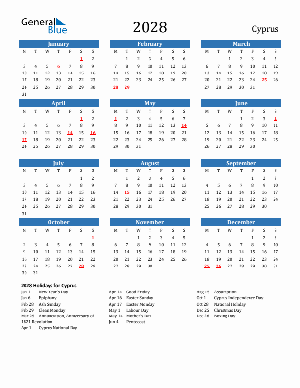 Cyprus 2028 Calendar with Holidays