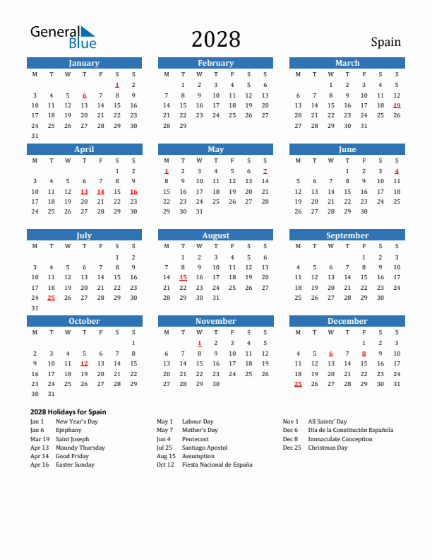 Spain 2028 Calendar with Holidays