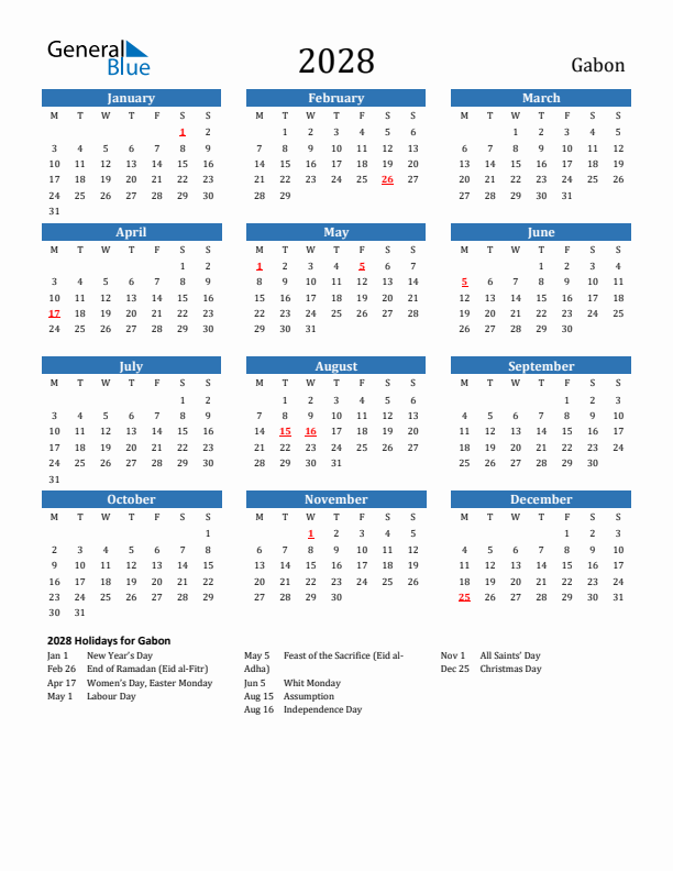 Gabon 2028 Calendar with Holidays