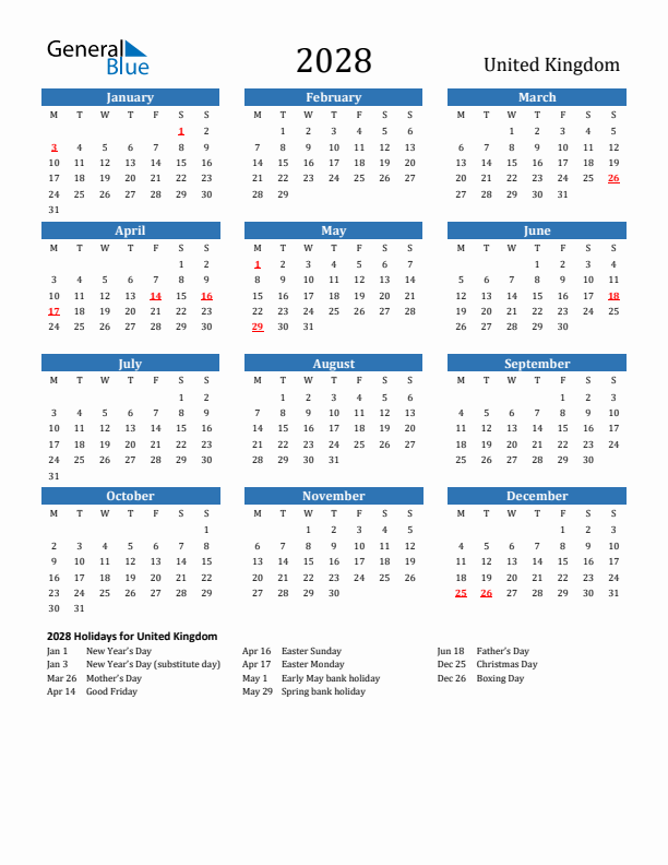 United Kingdom 2028 Calendar with Holidays