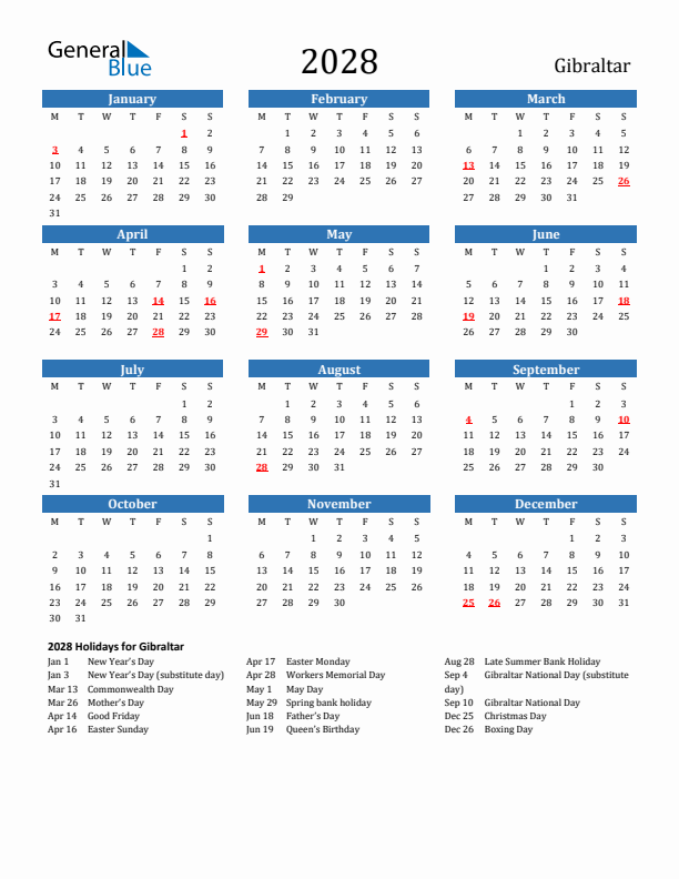 Gibraltar 2028 Calendar with Holidays