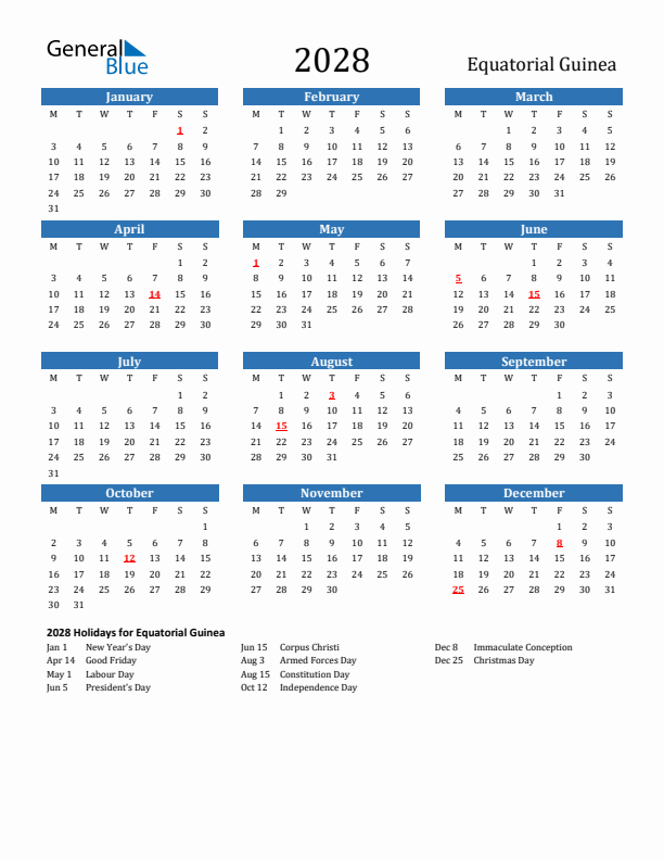 Equatorial Guinea 2028 Calendar with Holidays