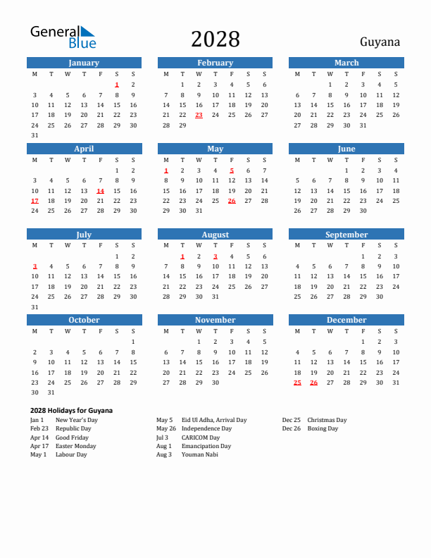 Guyana 2028 Calendar with Holidays