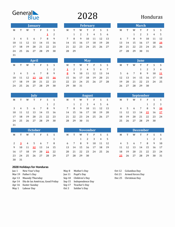 Honduras 2028 Calendar with Holidays