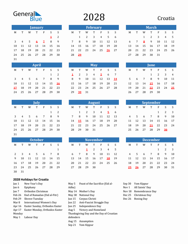 Croatia 2028 Calendar with Holidays