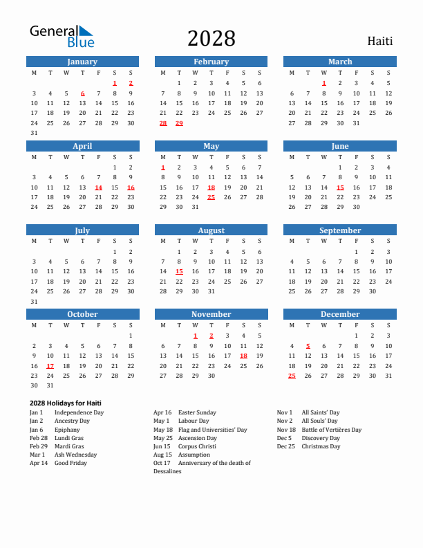 Haiti 2028 Calendar with Holidays
