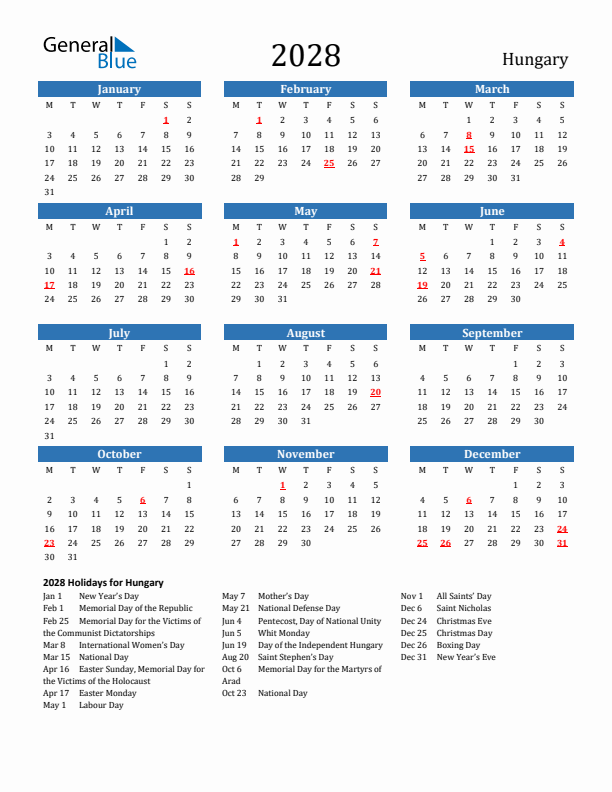 Hungary 2028 Calendar with Holidays