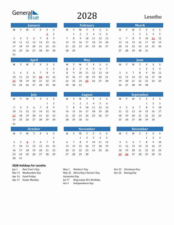 Lesotho 2028 Calendar with Holidays