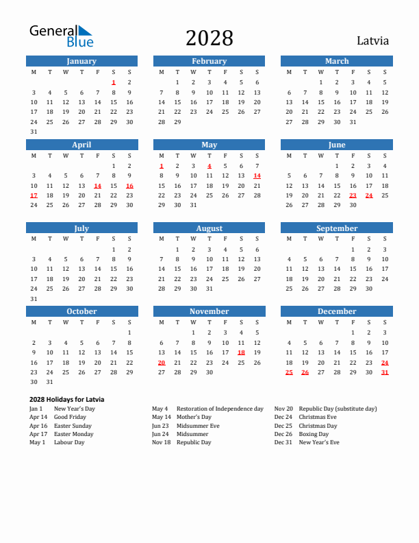 Latvia 2028 Calendar with Holidays