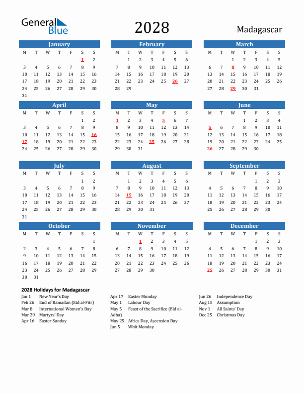 Madagascar 2028 Calendar with Holidays