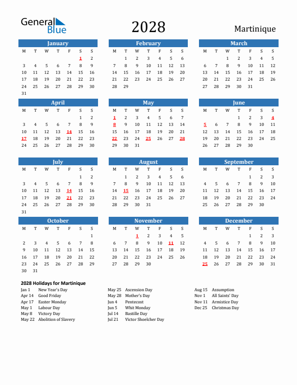 Martinique 2028 Calendar with Holidays