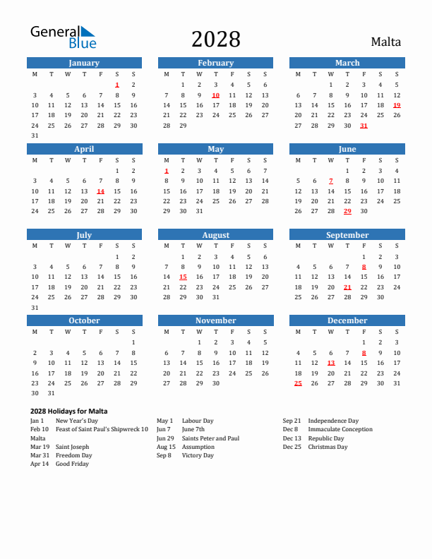 Malta 2028 Calendar with Holidays