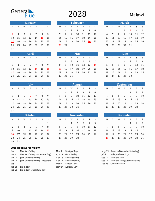 Malawi 2028 Calendar with Holidays
