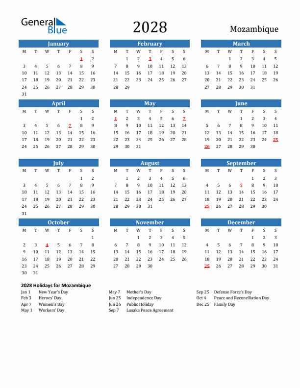 Mozambique 2028 Calendar with Holidays