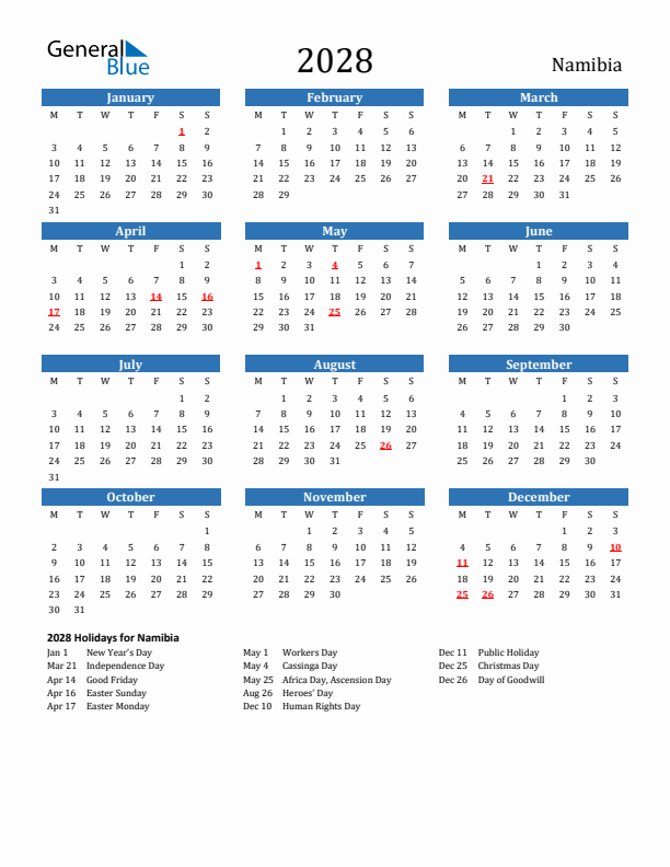 Namibia 2028 Calendar with Holidays