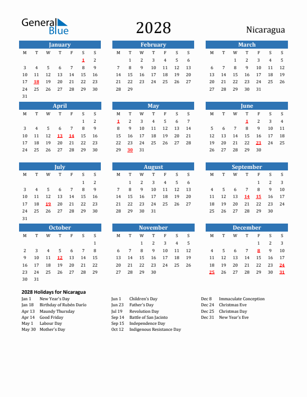 Nicaragua 2028 Calendar with Holidays