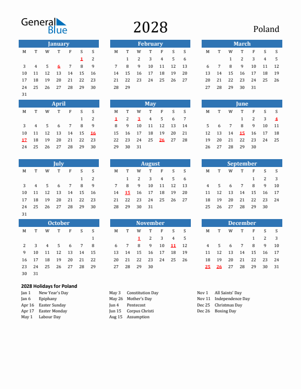 Poland 2028 Calendar with Holidays