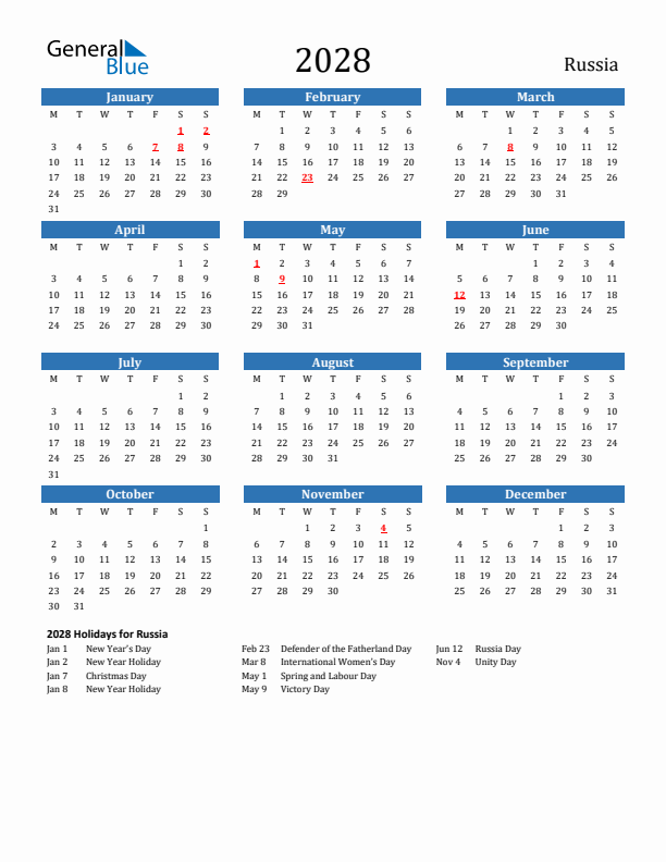 Russia 2028 Calendar with Holidays