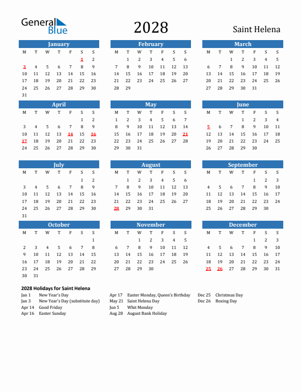 Saint Helena 2028 Calendar with Holidays