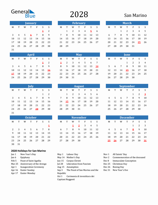 San Marino 2028 Calendar with Holidays