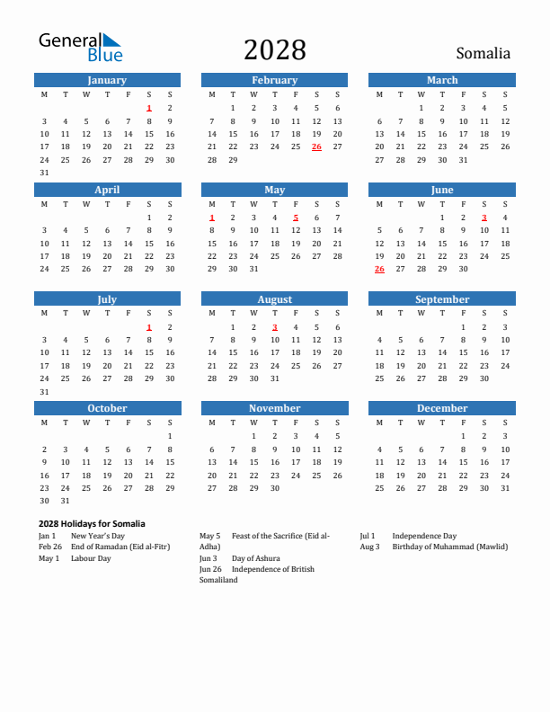 Somalia 2028 Calendar with Holidays