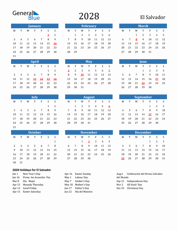 El Salvador 2028 Calendar with Holidays