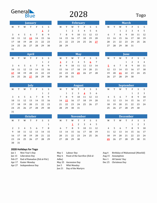 Togo 2028 Calendar with Holidays