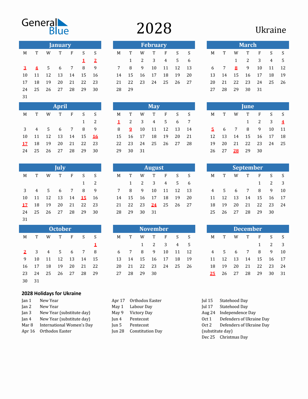 2028 Holiday Calendar for Ukraine - Monday Start